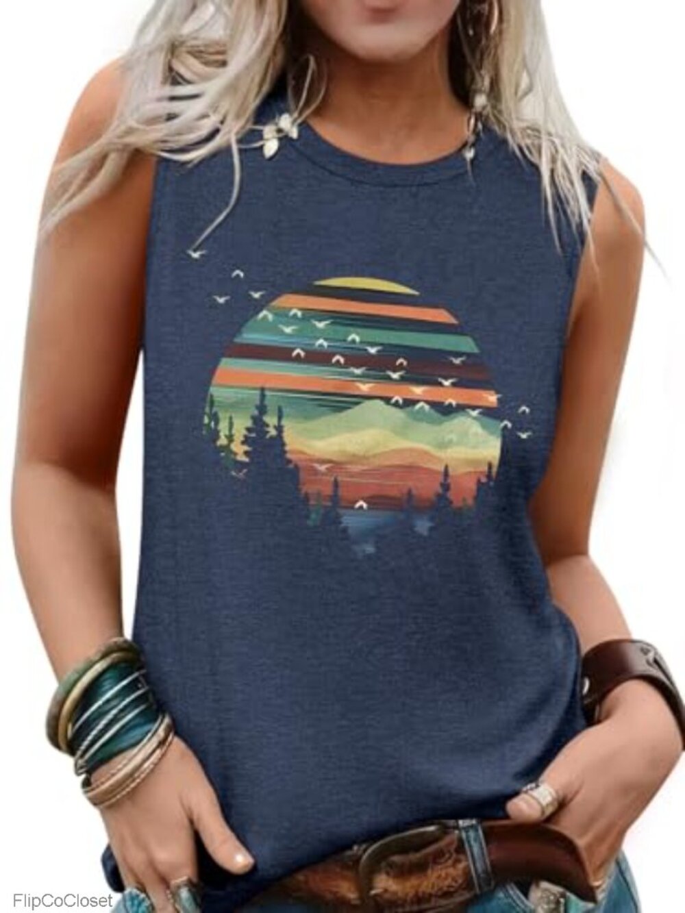 Womens Sleeveless Tank Top Graphic Print Loose Fit Crewneck Summer Casual